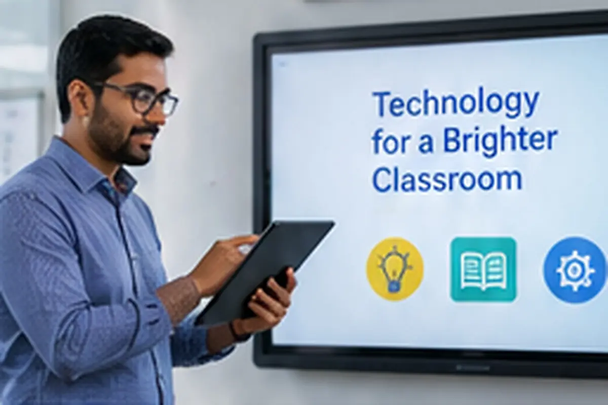 Teacher using a tablet beside a smartboard