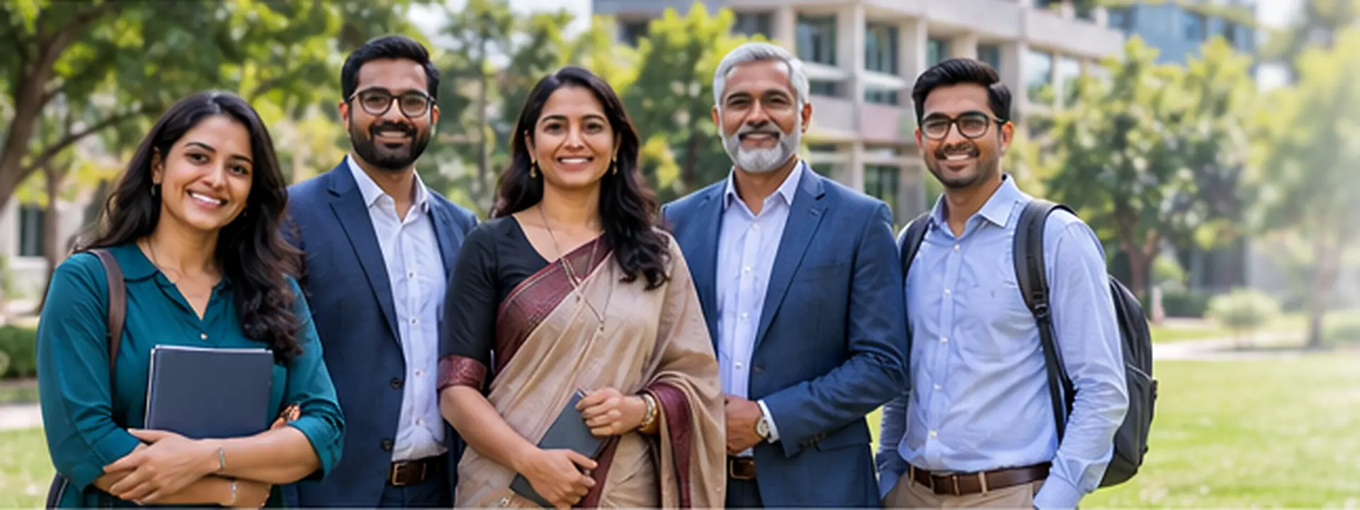 Group of smiling educators on a campus lawn