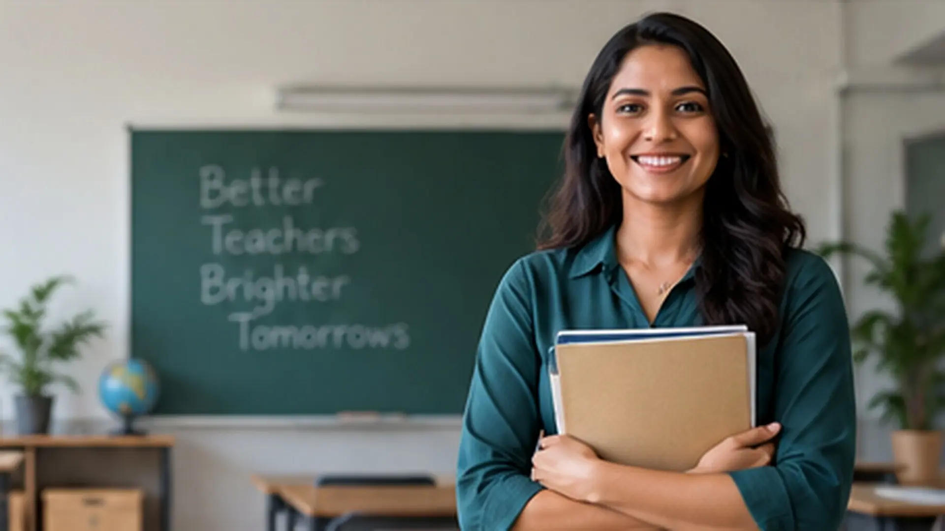 Smiling teacher holding books in a classroom